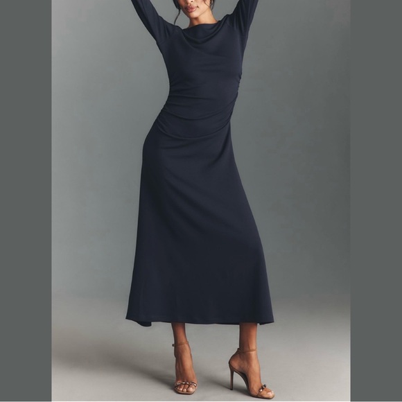 Anthropologie Long-Sleeve Cowl-Back Maxi Dress Navy Blue Medium NWT - Picture 12 of 13